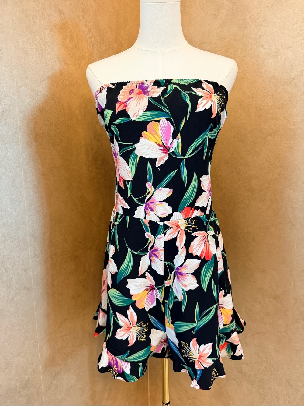 Poof! Black Strapless Floral Romper with Pink & Green Print